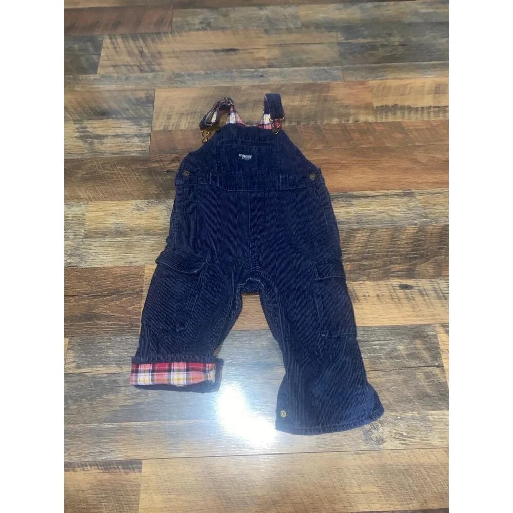 Oshkosh Boys Overalls Navy Corduory Red‎ Plaid Flannel Lining Cargo 18 Months